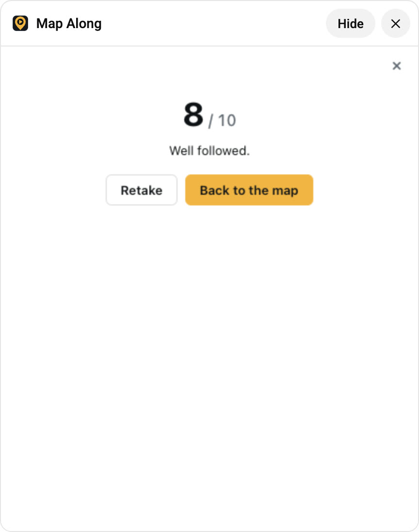 Quiz results: 8 out of 10, Well followed, with Retake and Back to the map buttons.