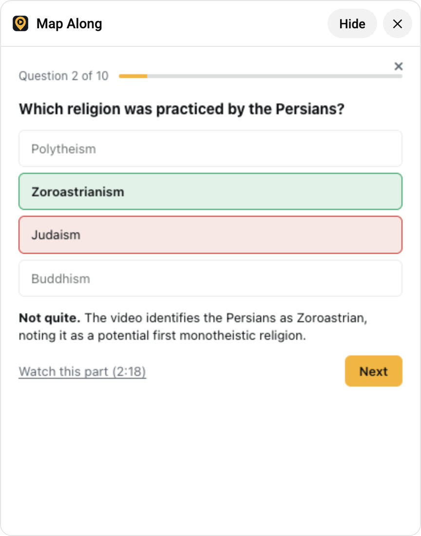 Question 2 answered wrong: Judaism marked red, Zoroastrianism marked green, with an explanation and a Watch this part (2:18) link.